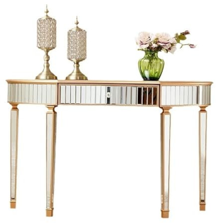 Tavolo consolle moderno a specchio per ingresso, 90 cm, in vetro, con finitura a specchio, mezzaluna, per corridoio e ingresso