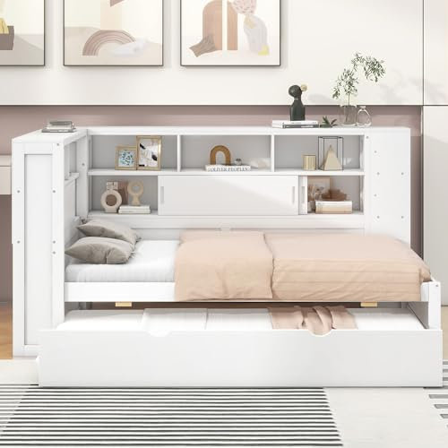 Daybett, 90x200cm(90x190cm), Kinderbett, Ohne Matratze, Tagesbett mit Ausziehbett, Schlafsofa mit Staufach mit USB, Spanplatte (Weiß)
