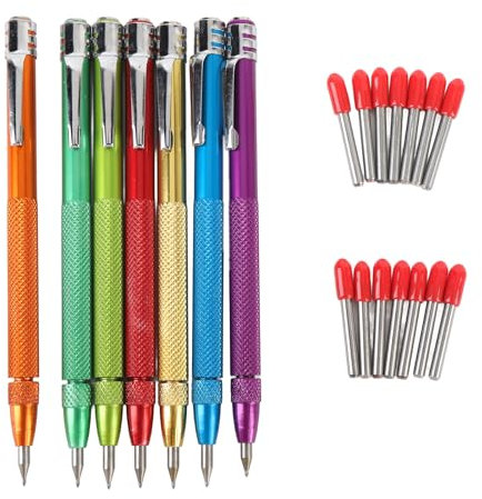 Fafeicy Penna per Marcatura in Acciaio Al Tungsteno 7 Pezzi, Penne Magnetiche con 14 Punte, Strumento per Tracciare Tascabile per Piastrelle di Ceramica, Vetro, Marmo, Pietra