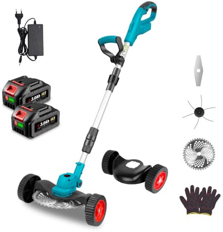 ONEVAN Desbrozadora batería, sin escobillas, desbrozadora con baterías de 2 3000 mAh y cargador rápido, mango plegable, desbrozadora con cuchillas de 9 pulgadas, rueda deslizante auxiliar