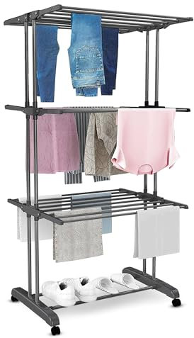 Vonia Torre di asciugatura 72 x 50 x 172 cm - Stendibiancheria a 3 strati - Torre di lavanderia - Torre di essiccazione - Torre di lavaggio - Stenditoio - Pieghevole (Grigio scuro)