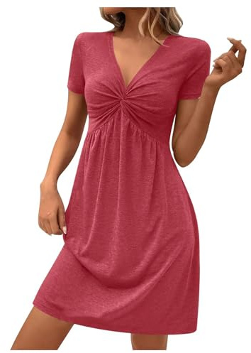 EIRUKON Vestidos de Mujer Verano Vestido Cortos Elegantes Cuello en V Vestido con Nudo Frontal Manga Corta Casual Vestidos de Playa Color Sólido
