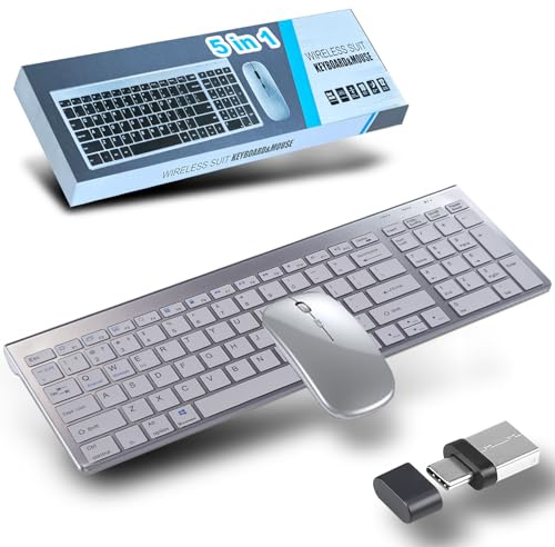 Ensembles Clavier et Souris sans Fil 2.4G & Bluetooth & USB-C,Clavier Souris sans Fil Rechargeable,Souris Silencieuse,Clavier Ultra-Fin avec Pavé Numérique,pour Ordinateur/PC/Laptop/Windows/Mac,QWERTY