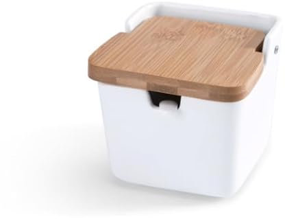 Godneei Zuccheriera in Ceramica con Coperchio e Cucchiaino – Barattolo Sale o Spezie da 250ml, Contenitore Bianco per Cucina, 9 x 9,5 x 9,5 cm