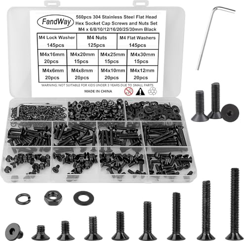 FandWay M4 Schrauben Set,560 Stück Senkkopfschrauben mit Innensechskant,Flachkopf Gewindeschrauben,Sechskantschrauben Edelstahl 304 Schwarz Epoxid,Maschinenschrauben Muttern und Unterlegscheiben Set.