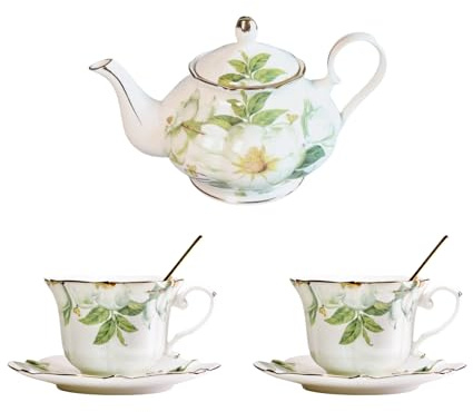 POWDONUNT Vintage Floral Porcelain Bone China Tea Set - 1 Teapot, 2 Cups & Saucers with Gold Trim, Includes 2 Spoon, 22oz Floral Ceramic Teapot (Suitable for 1 to 3 people) (White Camellia)