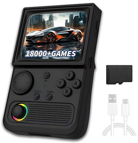 R36T Handheld Games Console 64G,Portable Retro Gaming Preload with 18000+ Games with 27 Emulators,Vintage Game Console 3.5 Inch IPS Screen 640*480 Display, Black