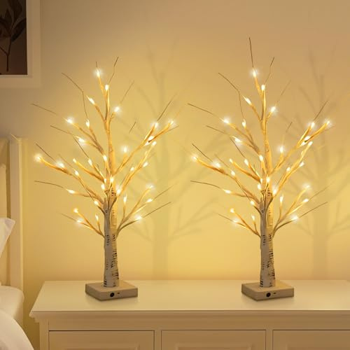 Weiongppy 2PCS Árbol de Abedul,Arbol LED Decorativo,abedul decorativo,Color Blanco cálido de 24 Luces LED,con USB y funciona con pilas,para decoración interior en Navidad, fiestas, cumpleaños y bodas