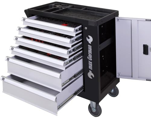 GrecoShop Carrello Attrezzi Portautensili Officina completo di 428 Utensili – 6 Cassetti con Chiusura a Chiave, Organizer, Ruote, Struttura Rinforzata, Carbon Look, Ideale per Garage Officina