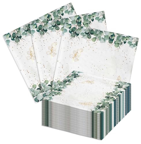 96 Stück Servietten Eukalyptus Geburtstag, Deko Servietten Gold Grün, Eukalyptus Gold Grün Papierservietten für Mann Frau Geburtstag Hochzeit Party Tisch Dekoration Baby Shower, 33x33cm (96)