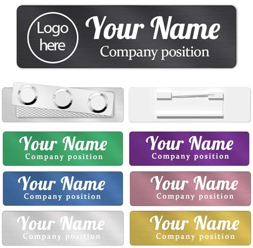 Namensschilder, personalisierbar, graviert mit Logo und Text, Metall-Namensschilder mit Magneten oder Pin-Rückseite, Identifikationsschilder für Mitarbeiter, Büro, Schule, 4 Stück