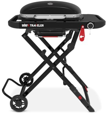 Weber Traveler Compact Gasgrill mit klappbarem Untergestell und Rädern | Tragbarer Grill, Porzellanemaillierte Gusseisen-Grillroste, Deckelthermometer, 3,81 kW Brenner, 2065 cm² Grillfläche, Schwarz