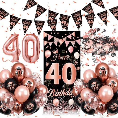 Palloncini 40 Anni Compleanno Rosa Nera, 40 Anni di Compleanno Donna, Decorazioni 40 anni con Festone Buon Compleanno, Coriandoli, Palloncini in Lattice di Alluminio, Regalo Donna 40 Anni