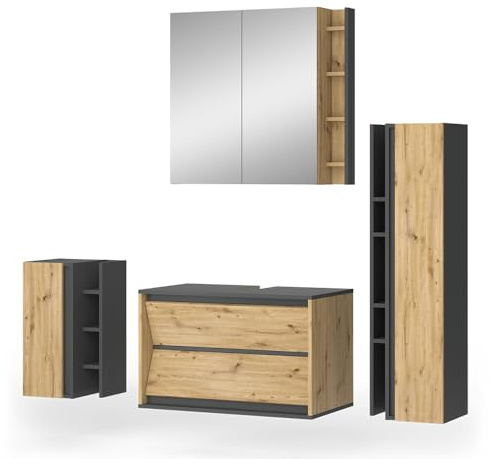 Vicco Badmöbel-Set Edelin, Anthrazit/Artisan, 80 cm | besteht aus Waschbeckenunterschrank, Spiegelschrank, Midischrank und Hängeschrank