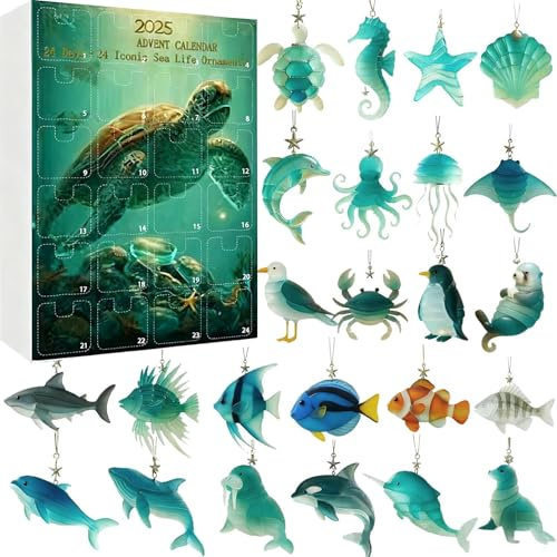 Seeglas Adventskalender 2025 mit 24 Meeres-Tieranhängern, Niedlicher Adventskalender Meerestiere als Weihnachtsdeko und Countdown Kalender für Zuhause und Geschenk
