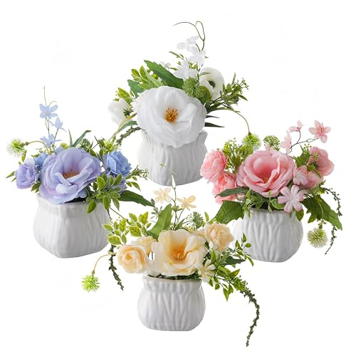 Artificial Flowers with Ceramic Pot, 4PCS White Jade Rose Arrangement – Spring Floral Decor– Faux Flowers in Ceramic Planters for Centerpiece Table Decorations, Home, Office & Seasonal Decoration
