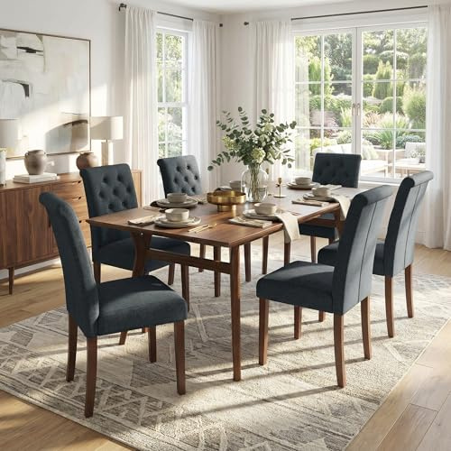 Clevich Esszimmerstühle 6er Set, Knopfgeheftete Polsterstühle Chesterfield Stil mit Massivholzbeinen, Weiche Gepolsterte Sitzfläche, für Esszimmer und Küche(Dunkelgrau, 6pcs, leinen)