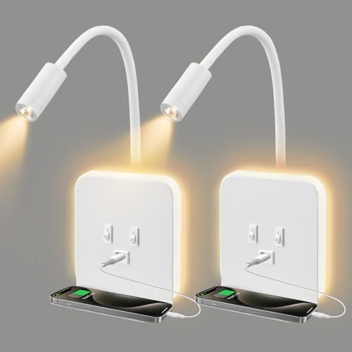 2pcs LED Wandlampe Leselampe, Schwanenhals Nachttischlampe, Drehbare Nachttisch Wandleuchte, 3-in-1 Leselicht mit USB Ladeanschluss, Handyablage und Schalter (Warmes Licht 3 W + 9 W)(Weiß)