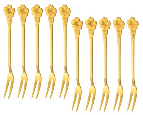 MUCKLILY Tenedores de Postre para Pastel de Acero Inoxidable, 10 Piezas, Tenedores de Dos Dientes Diseño de Flor, Aptos para Frutas y Aperitivos en Hogar y Restaurante