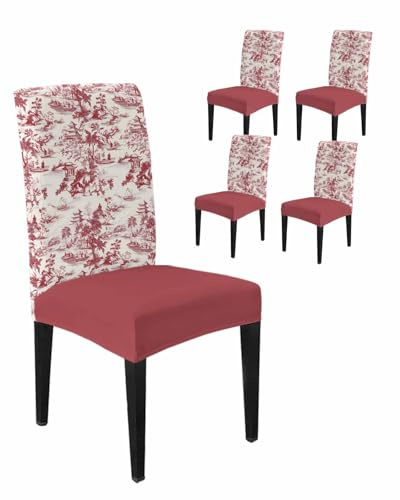 Dining Room Chair Covers Chinoiserie Garden Asian Scenic Stretch Slipcovers Set of 4, Pavilion Hill Boat Tree Red Removable Washable Chair Seat Protecter for Kitchen Hotel Wedding Party
