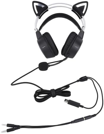 Gearwell Cuffie da gioco, Cuffie cablate e Cuffie sovrauricolari con microfono, Orecchio di gatto RGB, Archetto regolabile per PC portatile, Nero