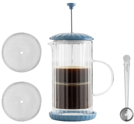Price & Kensington LUXE French Press - Cafetera de acero inoxidable y cristal para 1 o 2 tazas, filtro de malla fina sin papel, elegante cafetera con tamiz apta para lavavajillas