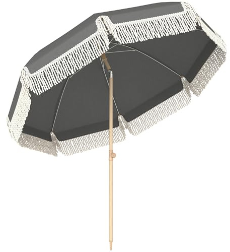 Outsunny 1.7 m Beach Umbrella with Sand Anchor, 30° Tilting Fringed Beach Garden Parasol with Adjustable Height, for Outdoor, Patio, Grey