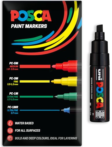 Pennarelli Posca a base d'acqua con vernice acrilica | Penna permanente per uso multisuperficie | Confezione da 1 in confezione regalo busta | Vetro, tessuto, legno ecc. | Punta a scalpello PC-8K