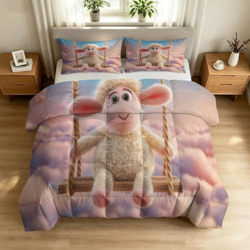Generiskt täcke 200 x 200 cm, sommarfilt, 3D-tecknad film, sängkläder, djur, får, gunga, molnhav – täcke för barn pojkar flickor, 100 % tvättad bomull, sommarfilt, rosa