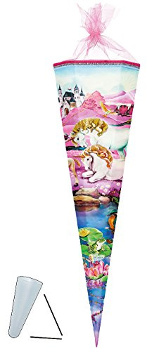 Schultüte - Einhörner/Einhorn - 85 cm - mit Tüllabschluß - Zuckertüte - mit/ohne Kunststoff Spitze Spitze - Nestler - Pferde Einhornfamilie - Märchen Tier..