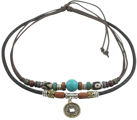 Collier Bohème Double Cordon avec Pendentif Pièce Chinoise – Cuir Tressé Noir & Chanvre Brun, Perles Turquoise et Bois – Ajustable 38 cm