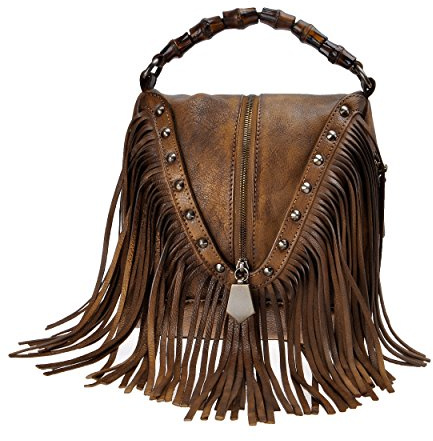 ZLYC Women's Leather Bamboo Hand Strap Featured Fringe Bohemian Tassel Studed Cross Body Bag (Brown)