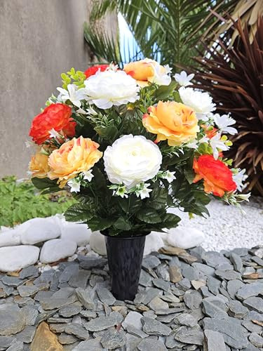 Composition de fleurs artificielles en cône lesté ciment pour une parfaite tenue de votre bouquet de fleurs, plus besoin de sable, ce vase en PVC se dépose dans un vase funéraire. (orange)