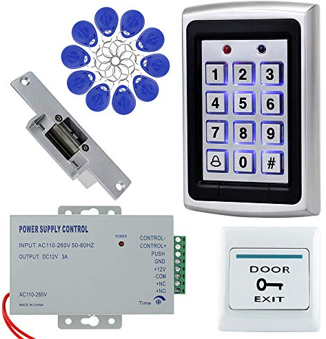 OBO HANDS Komplettes Zugangskontrollsystem Set Metall Controller 1000 Tastatur + 12V NC Elektroschloss + 12V 3A Stromversorgung +Türausgangsknopf +10 Stück RFID Blau 125KHz Schlüsselanhänger