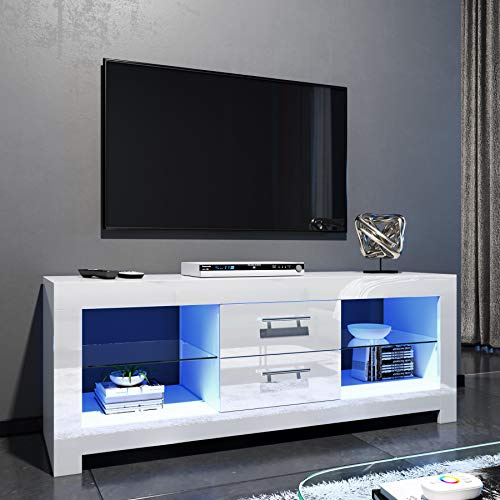 ELEGANT 130cm LED TV Cabinet Modern White Gloss TV Stand with RGB Lights | TV Unit with 2 Drawers, Entertainment Centre for Living Room and Bedroom with Storage Furniture for Up to inch 4k TV