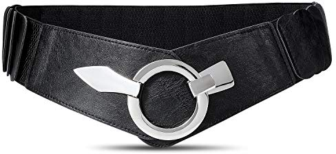 JasGood Damen Breiter Elastischer Taillengürtel, Mode Vintage Hüftgürtel mit Silberner Ring-Schließe, Schwarz, L