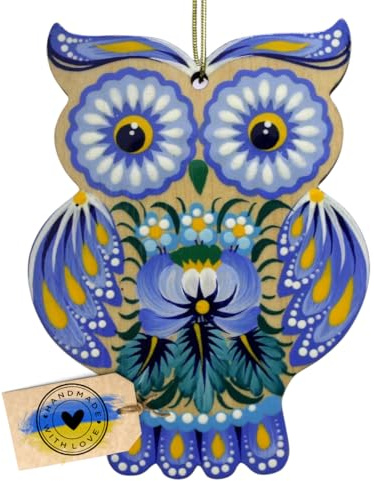 Eule Anhänger aus Holz Lustiger Christbaumschmuck Eulen Beidseitig Handbemalt in der Ukraine Ausgefallene Eulen-Geschenke und Kunsthandwerk für Christbaum