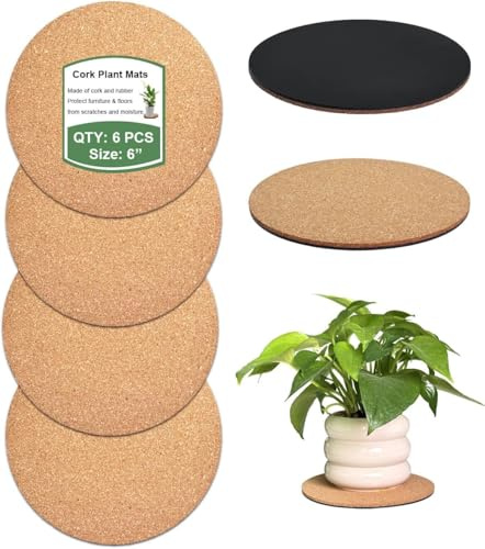 vensovo Cork Plant Coasters & Saucers 15.2 CM – Absorbent Round Mats for Indoor Flower Pots, Planters, House plants, Surface Protector for Table & Floor – 6 Pcs