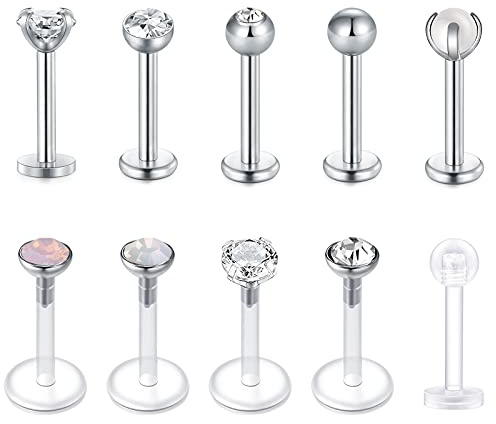 Funseedrr 10er 1.2mm Edelstahl Lippenpiercing Labret Stecker Set 8mm Silber Tragus Helix Piercing Schmuck