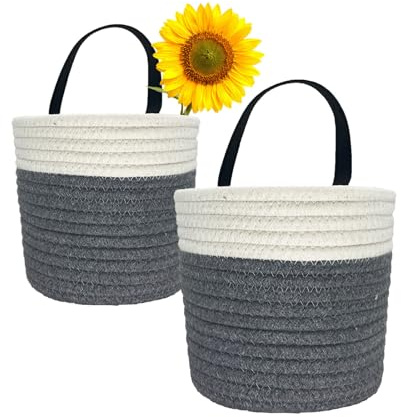 SOQKEEN 2-pack hängande korg väggkorg, väggrepkorg med läderhandtag, vävd hängande organiseringskorg bomullsrep korg vävd korg för förvaring, växter, kök, kontor, sovrum
