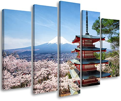 Feeby Leinwandbild 5-teilig 200x100 cm Vulkan Japan Berg Fuji Pagode Bild Wanddeko Wand Bild Kunstdruck Deko Wohnzimmer Asien Kirschbaum Blauer Himmel Blau