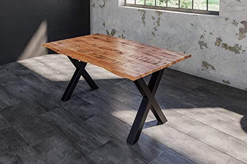 SAM Esstisch Dora 120x80 cm Mangoholz Baumkante X-Gestell schwarz | Baumkantentisch massiv, naturfarben lackiert, 26 mm Tischplatte, Metallgestell