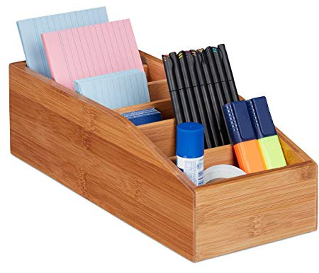 Relaxdays Aufbewahrungsbox Bambus 4er Set, 6 Fächer, natur | Universal Ordnungsbox für Büro, Bad, Küche, HxBxT: 10 x 14 x 35 cm