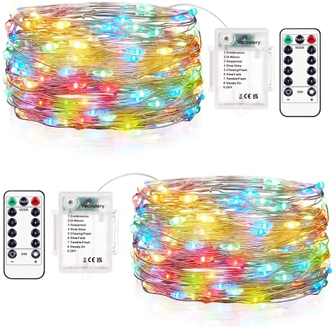 Vacoulery Lichterkette Batterie, 2 Packungen 10M/33FT 100LEDs 8 Modi Lichterkette Batteriebetriebene, wasserdichte Lichterkette Innen/Außen mit Fernbedienung Timer für Hochzeit Geburtstag Weihnachten