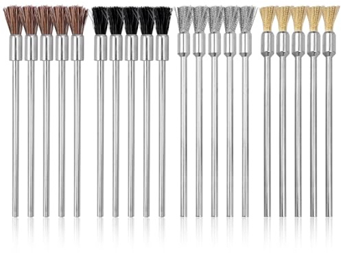 Mesee 20Pcs Wire Brushes for Drill, 100mm Extended Cleaning End Brushes Pen Assortment Set Horse Mane/ Pig Bristle/ Copper Wire/ Stainless Steel Wire Brush 3mm Mandrel Polishing Rotary Tools Accessory