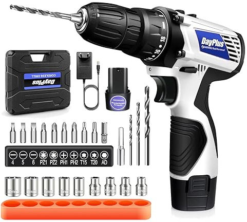 Perceuse Visseuse Sans Fil avec 1 batteries lithium - ion, 12V combi et percussion, 18 + 1 couple 2 vitesses, kit de visseuse sans fil avec 23 pièces accessoires