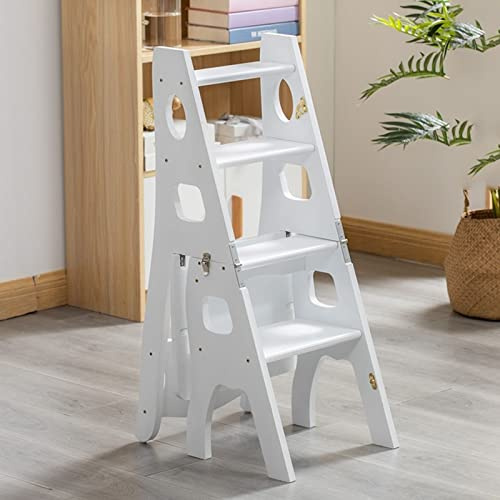 AAMNA 4-Stufen-Leiterstuhl, Holz-Tritthocker, Klapphocker, Treppenstuhl, rutschfest, leicht, Trittleiter, Treppenstuhl für Küche, Bibliothek, Weiß