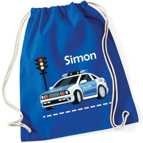 minimutz Turnbeutel Polizei-Auto mit Namen personalisiert - Stoffbeutel Jungen Rucksack - Sportbeutel zum Zuziehen - 12L - 37x46cm (royalblau)