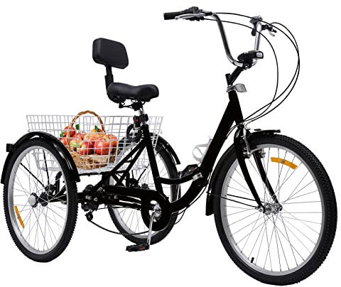 Donened 24 Zoll Faltrad Dreirad, 7-Gang 3 Rad Fahrrad mit Korb Rückenlehne und Wasserbecherhalter 3 Räder Fahrrad für Erwachsene und Seniorenrad