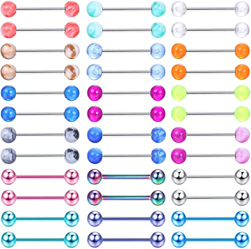 CASSIECA 36 Stück 14G Zungenpiercing Chirurgenstahl Brustwarzenpiercing Nippelpiercing Set Barbell Piercing Zunge Nippel Bars Tongue Piercing Brustwarze Stablänge 16mm